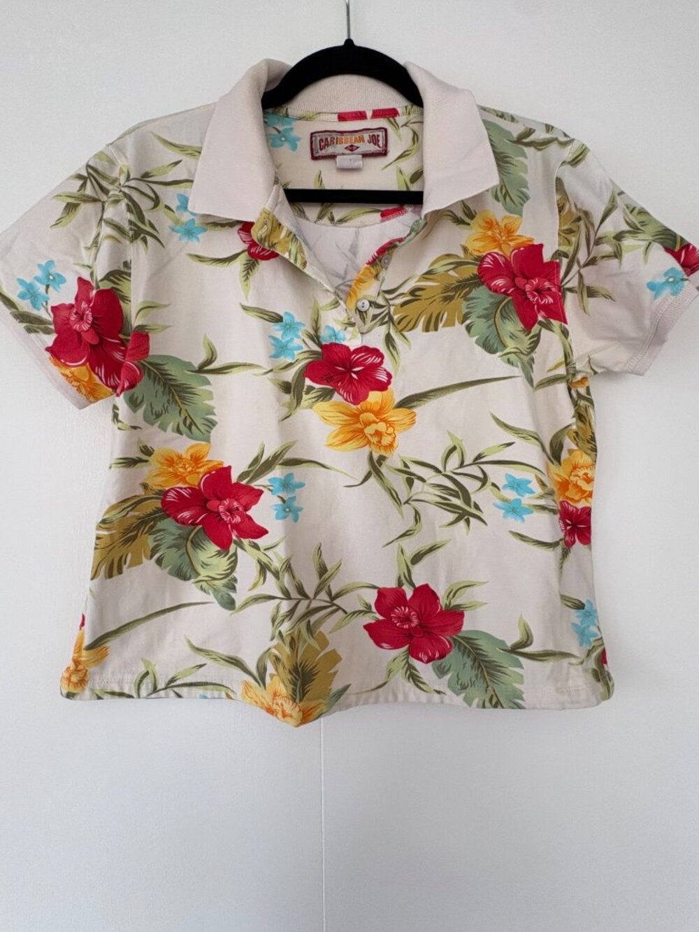 Vintage Caribbean Joe Tropical Floral Polo Shirt Y2K Hawaiian Collared Top